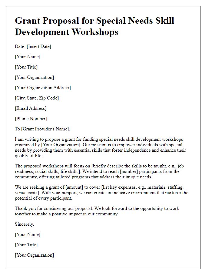 Letter template of proposal for grants to finance special needs skill development workshops.