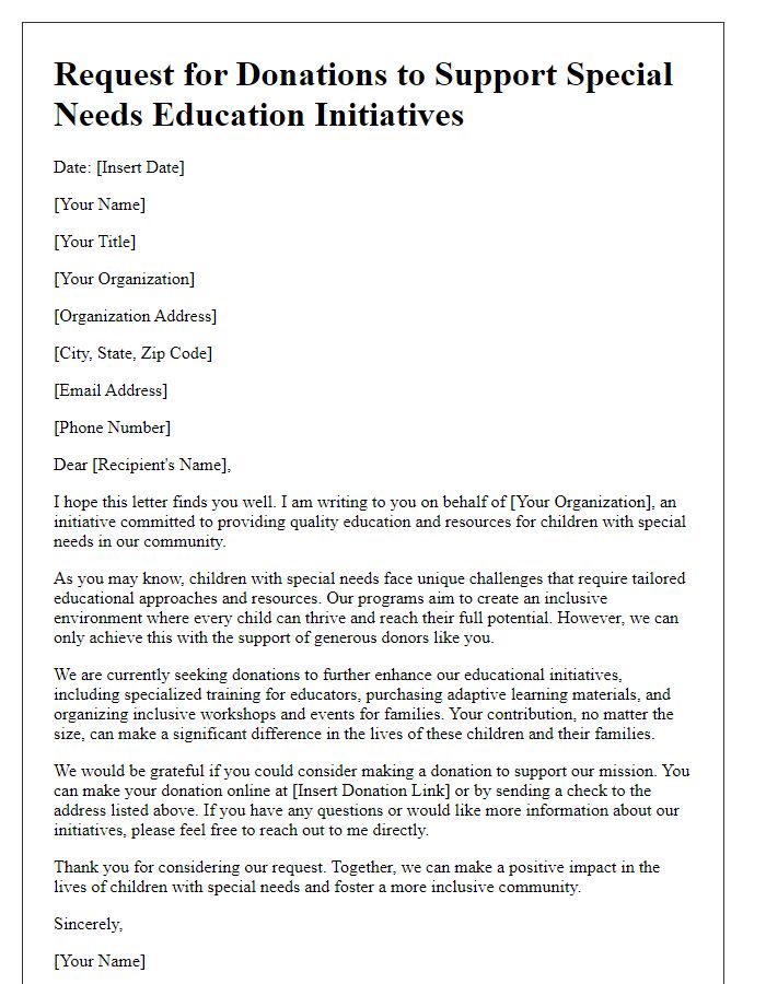 Letter template of request for donations to support special needs education initiatives.