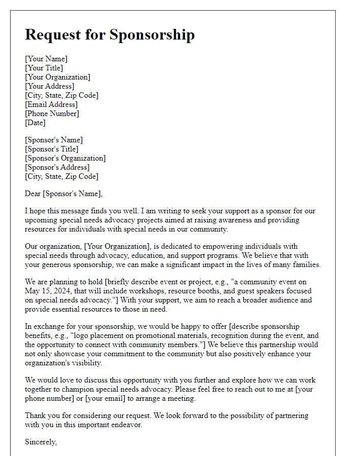 Letter template of request for sponsorship for special needs advocacy projects.