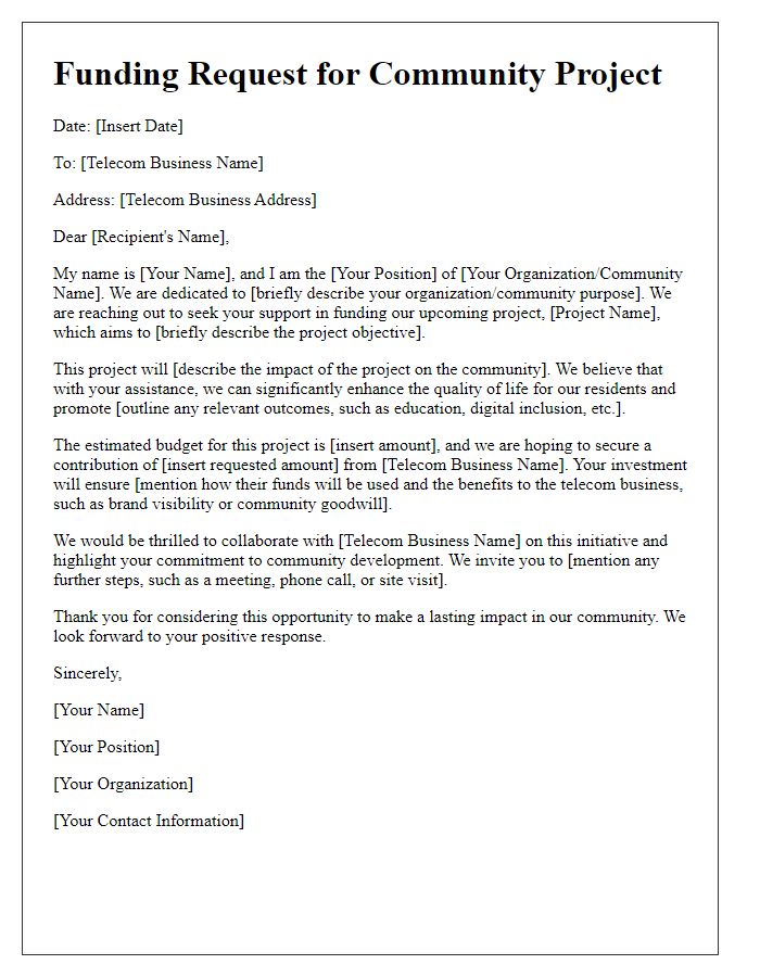 Letter template of funding request for community projects from telecom businesses