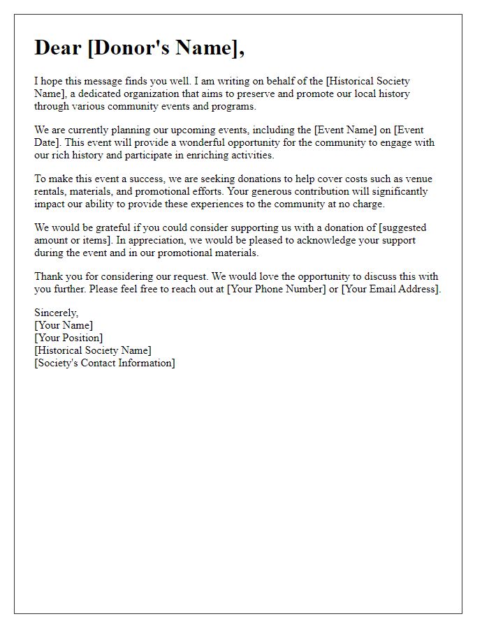 Letter template of donation request for historical society community events