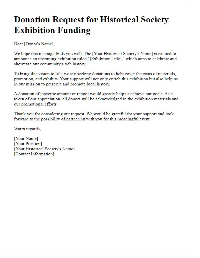 Letter template of donation request for historical society exhibition funding