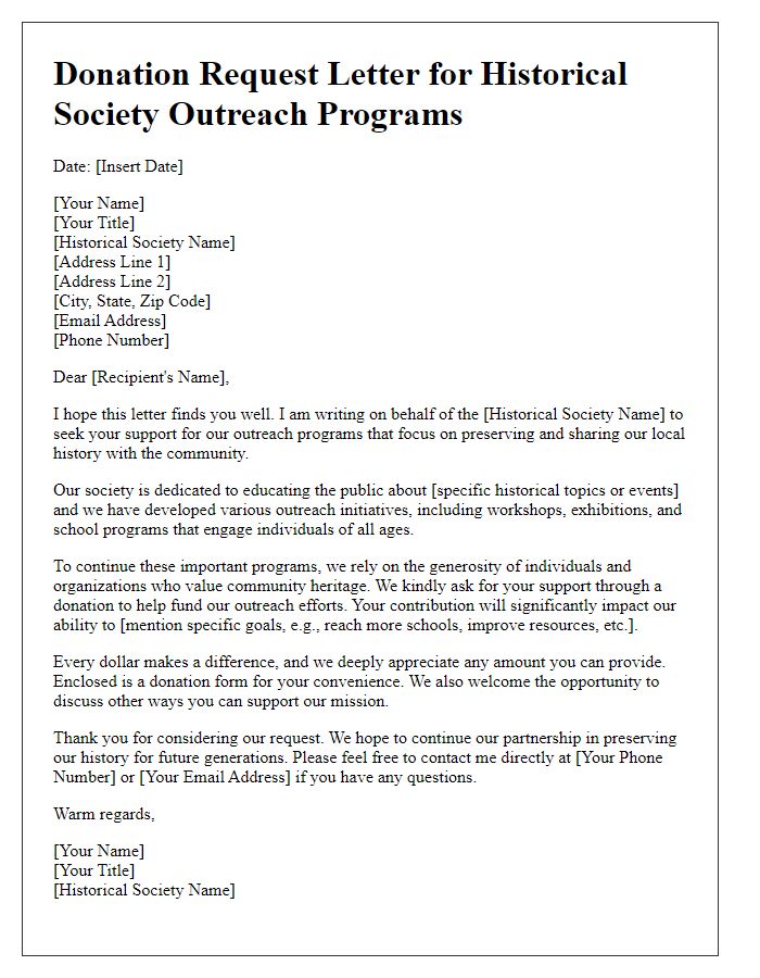 Letter template of donation request for historical society outreach programs