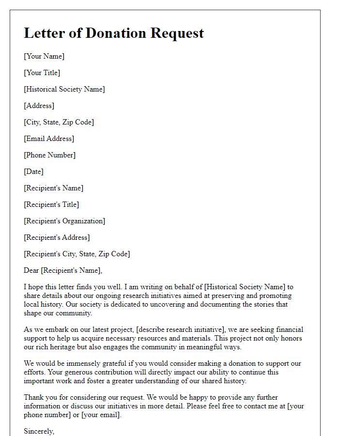 Letter template of donation request for historical society research initiatives