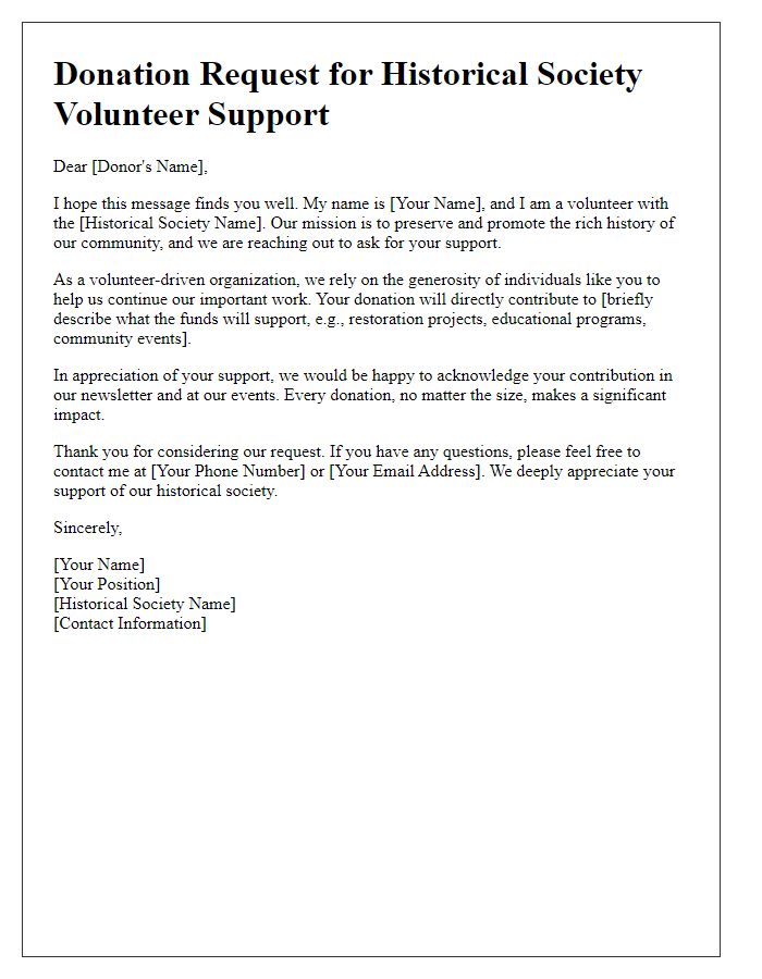 Letter template of donation request for historical society volunteer support