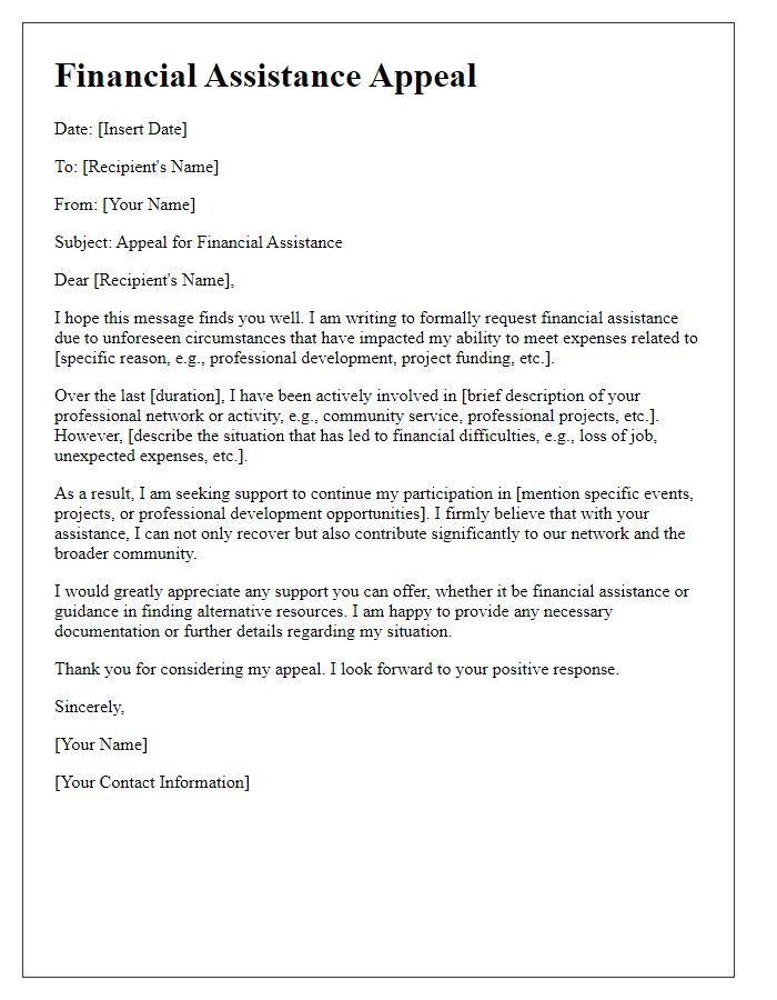 Letter template of financial assistance appeal for professional networks