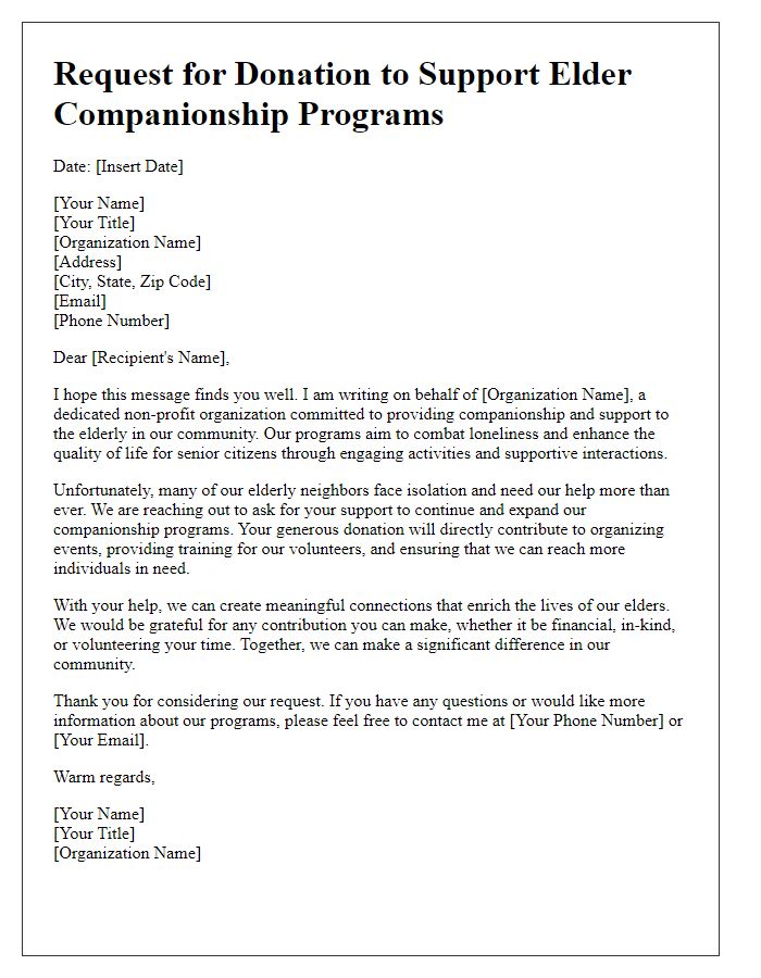 Letter template of donation request for elder companionship programs