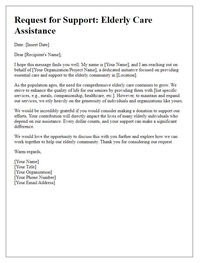 Letter template of donation request for elderly care assistance