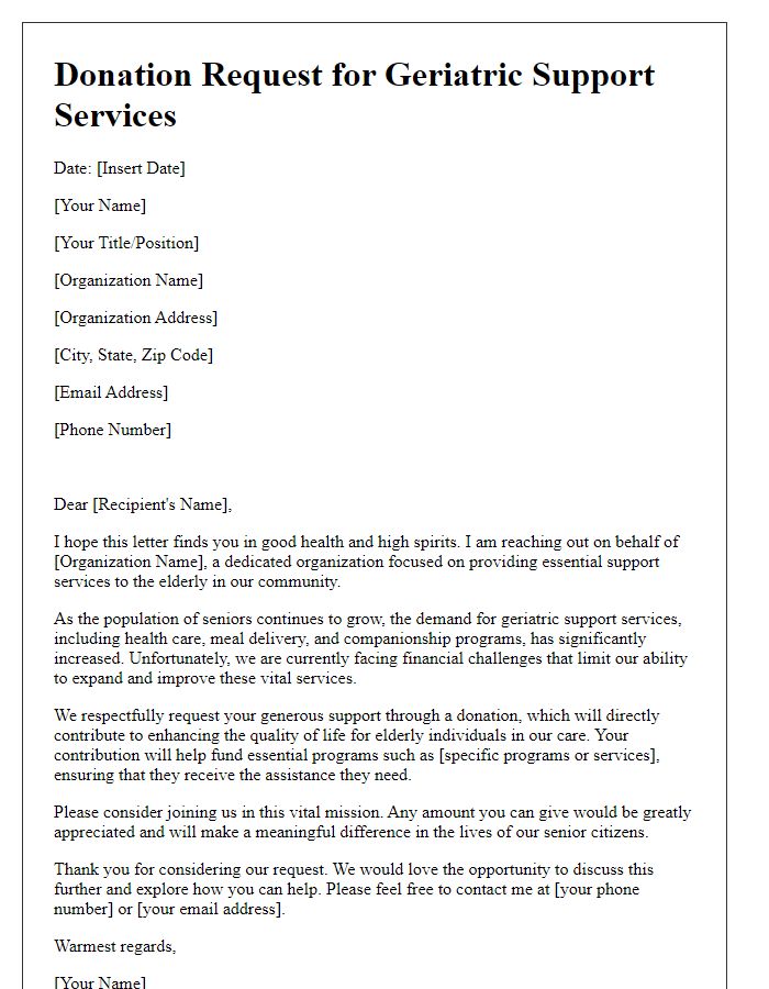 Letter template of donation request for geriatric support services