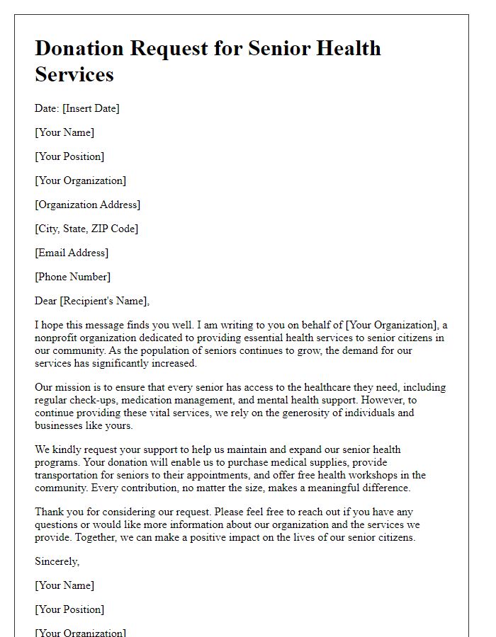 Letter template of donation request for senior health services