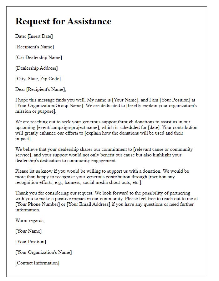 Letter template of assistance request for car dealership donations