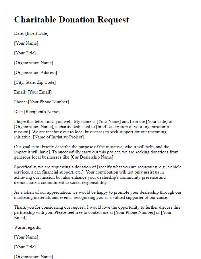 Letter template of charitable donation request to car dealerships