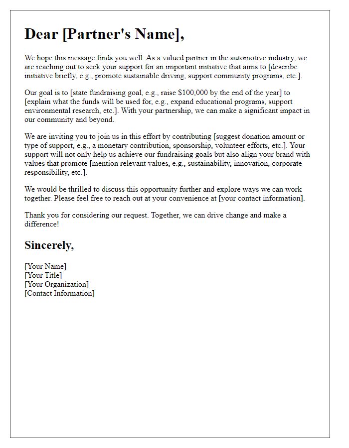 Letter template of fundraising appeal to auto industry partners