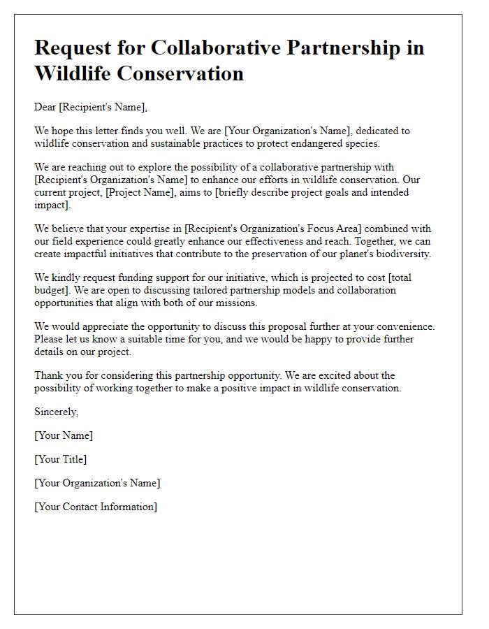 Letter template of a collaborative partnership request for wildlife conservation funding.