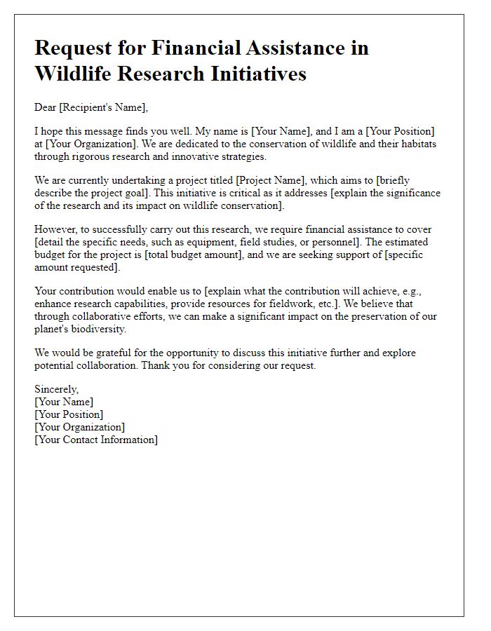 Letter template of an informative plea for financial assistance in wildlife research initiatives.