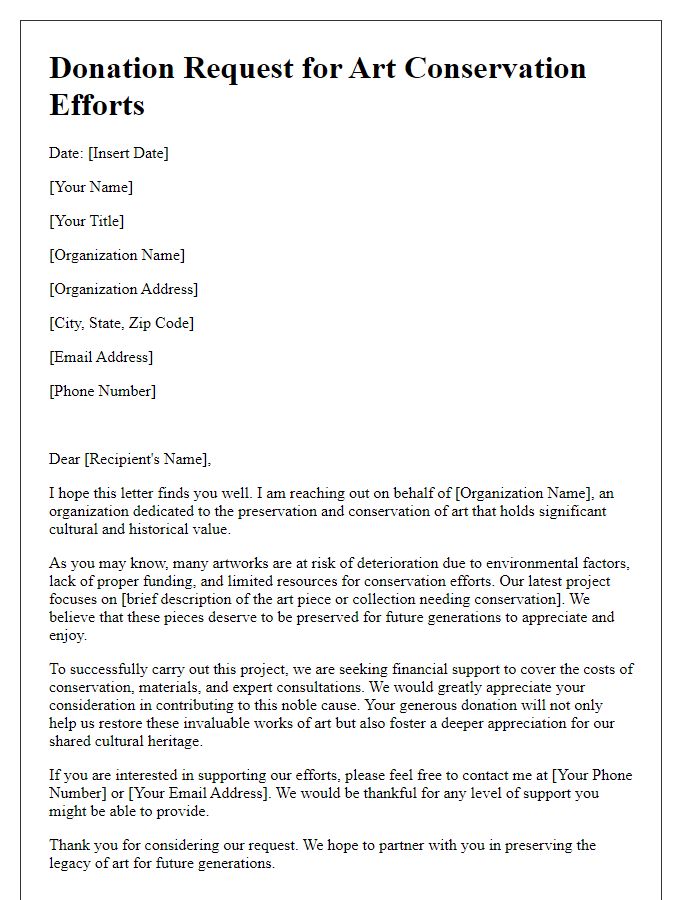 Letter template of donation request for art conservation efforts