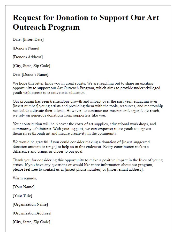 Letter template of donation request for art outreach programs