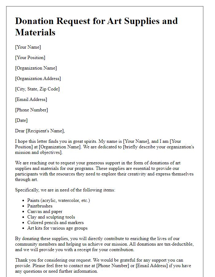 Letter template of donation request for art supplies and materials