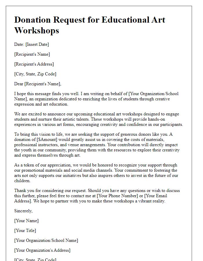 Letter template of donation request for educational art workshops