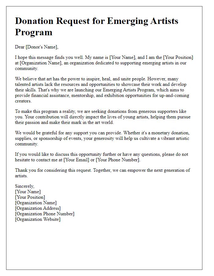 Letter template of donation request for emerging artists program