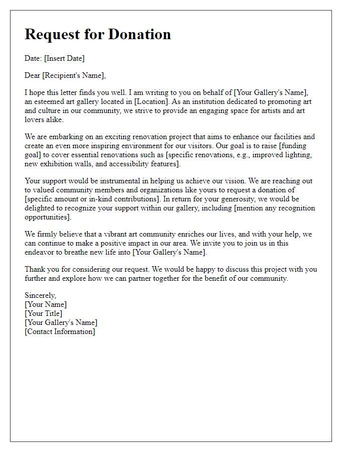 Letter template of donation request for gallery renovation projects