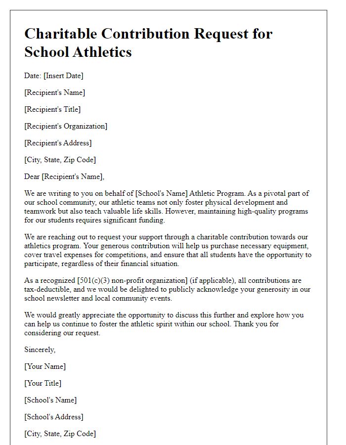 Letter template of charitable contribution request for school athletics