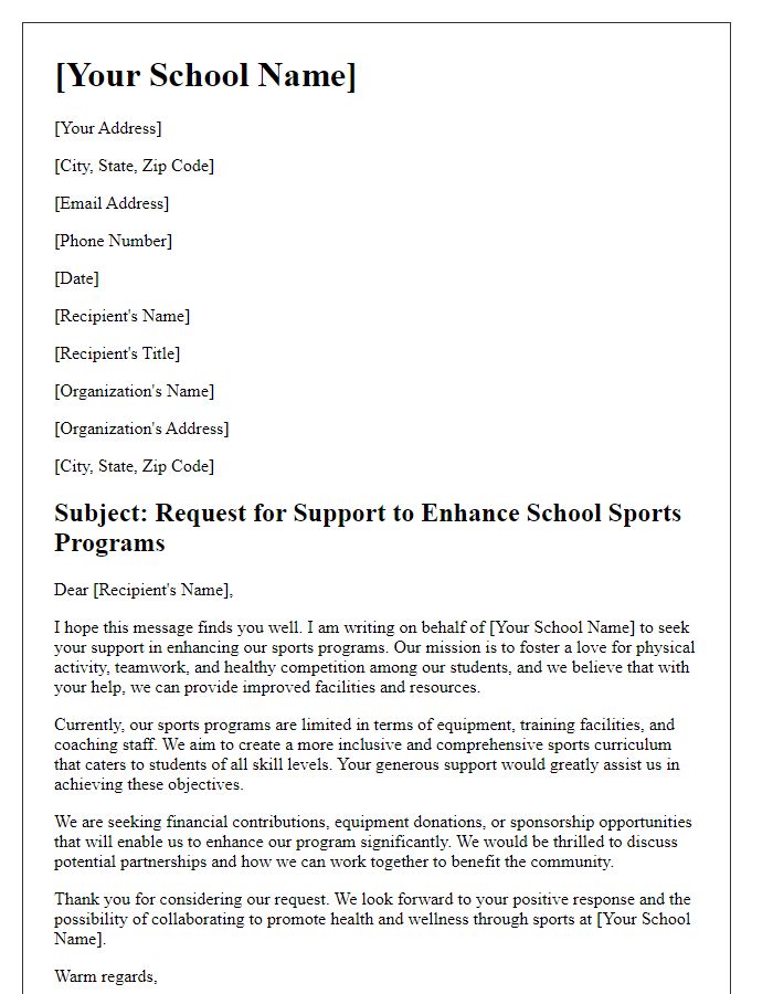 Letter template of request for support to enhance school sports programs