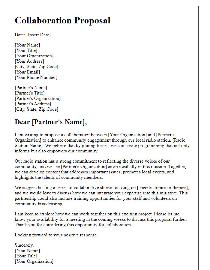 Letter template for community partner collaboration proposal for community radio station