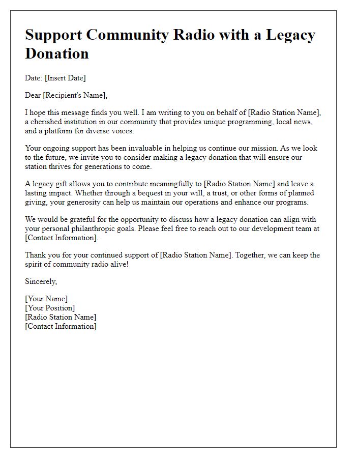 Letter template for legacy donation request to community radio station