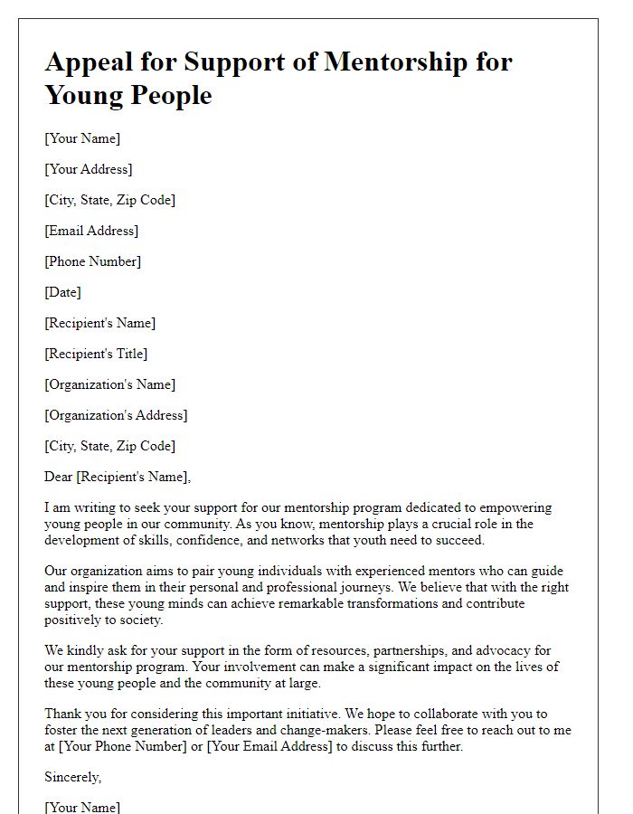 Letter template of appeal for support of mentorship for young people