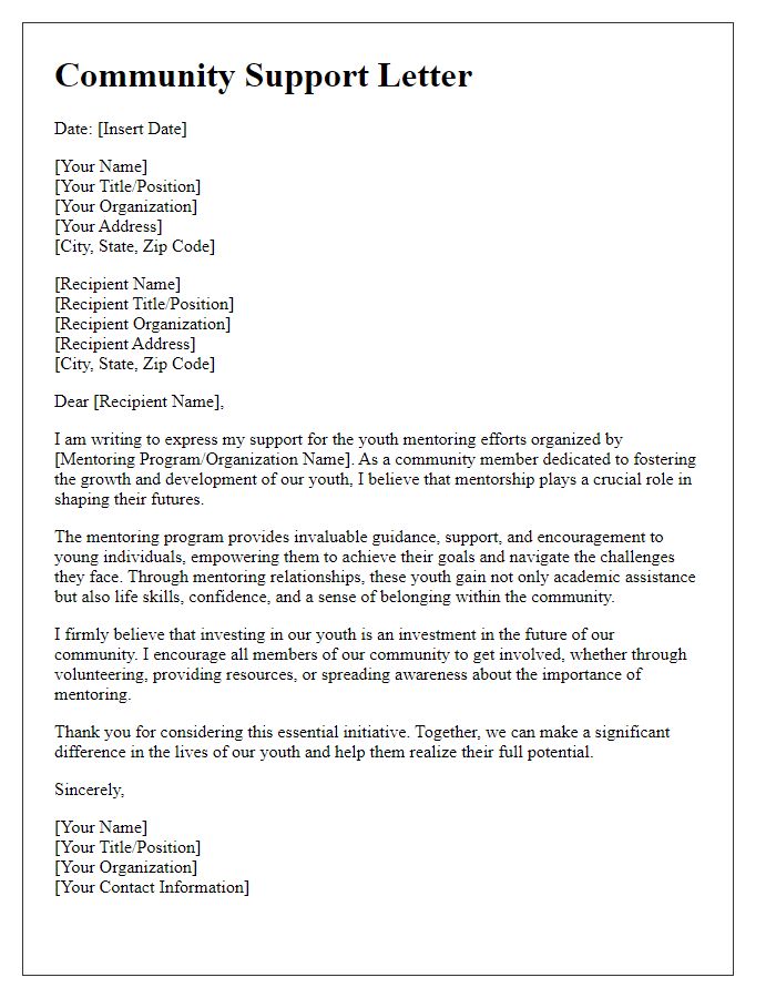 Letter template of community support letter for youth mentoring efforts