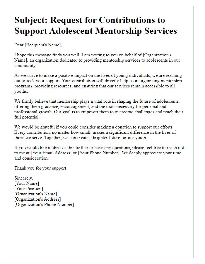 Letter template of contribution ask for adolescent mentorship services