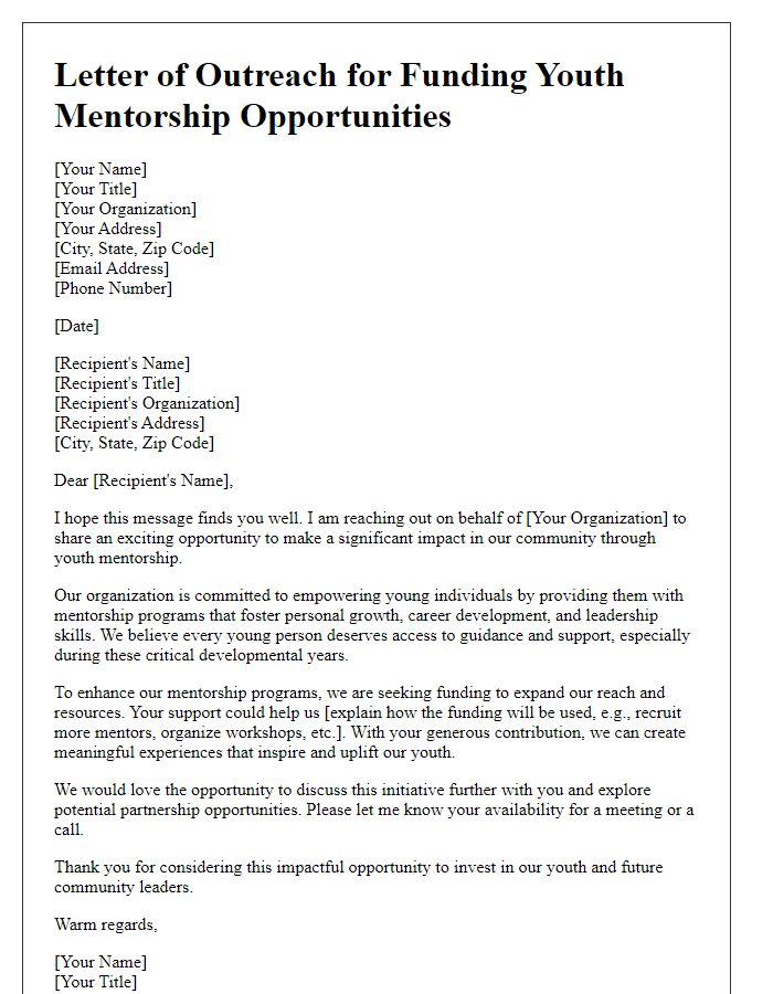 Letter template of outreach for funding youth mentorship opportunities