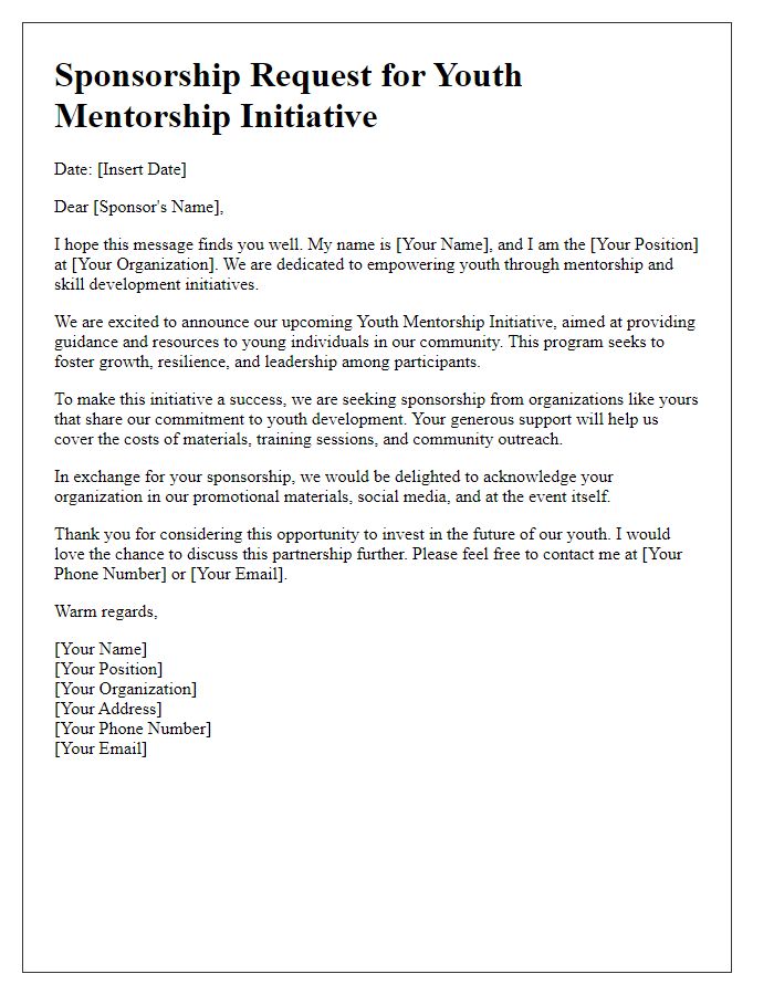 Letter template of sponsorship request for youth mentorship initiative