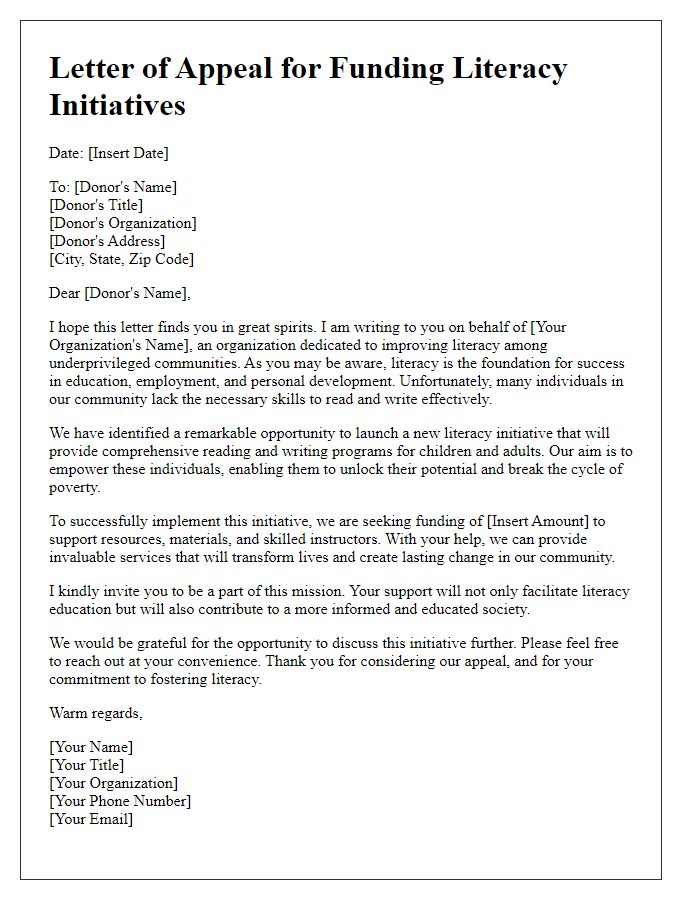 Letter template of appeal for funding literacy initiatives