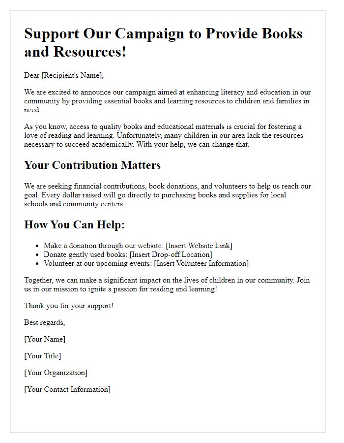 Letter template of campaign for providing books and resources