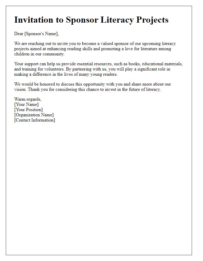 Letter template of invitation to sponsor literacy projects