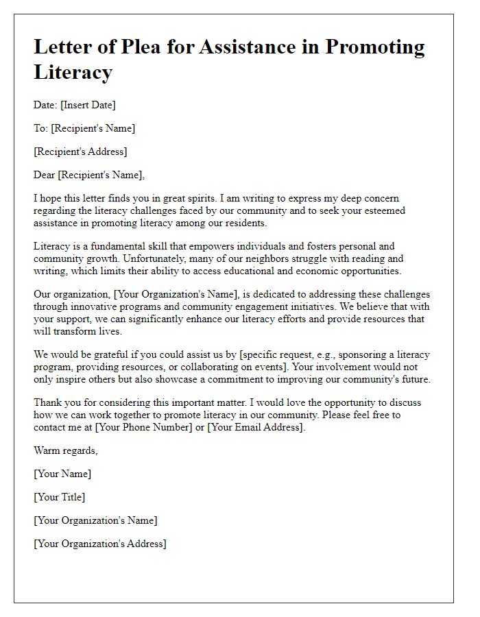 Letter template of plea for assistance in promoting literacy