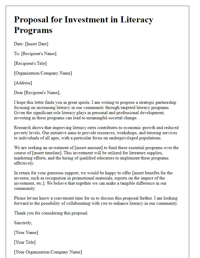 Letter template of proposal for investing in literacy programs