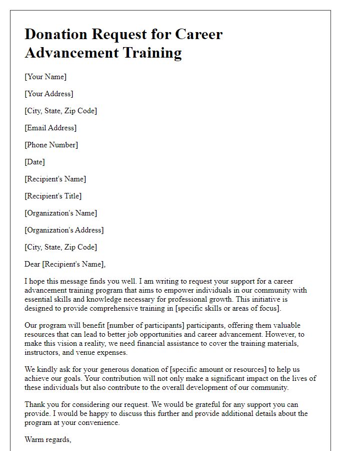 Letter template of donation request for career advancement training.