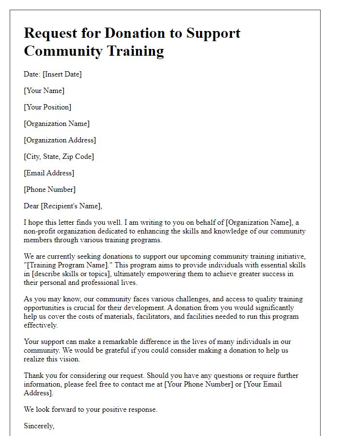 Letter template of donation request for community training support.