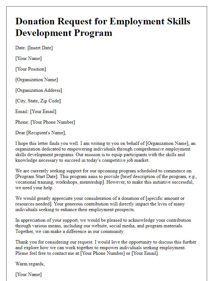 Letter template of donation request for employment skills development program.