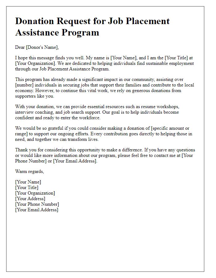 Letter template of donation request for job placement assistance program.