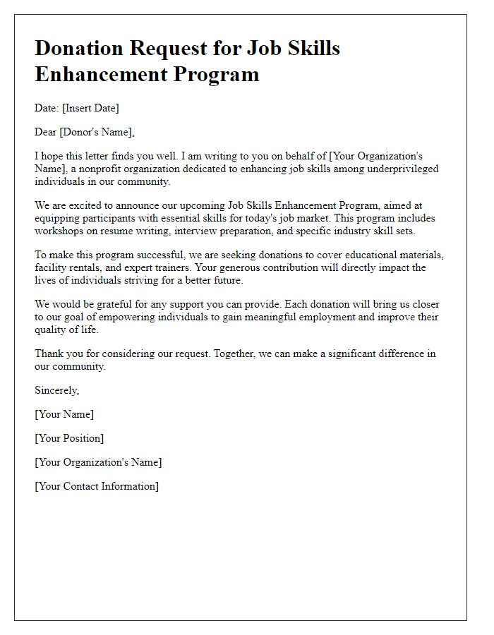 Letter template of donation request for job skills enhancement program.