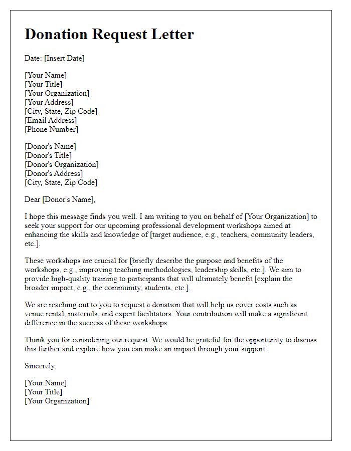 Letter template of donation request for professional development workshops.