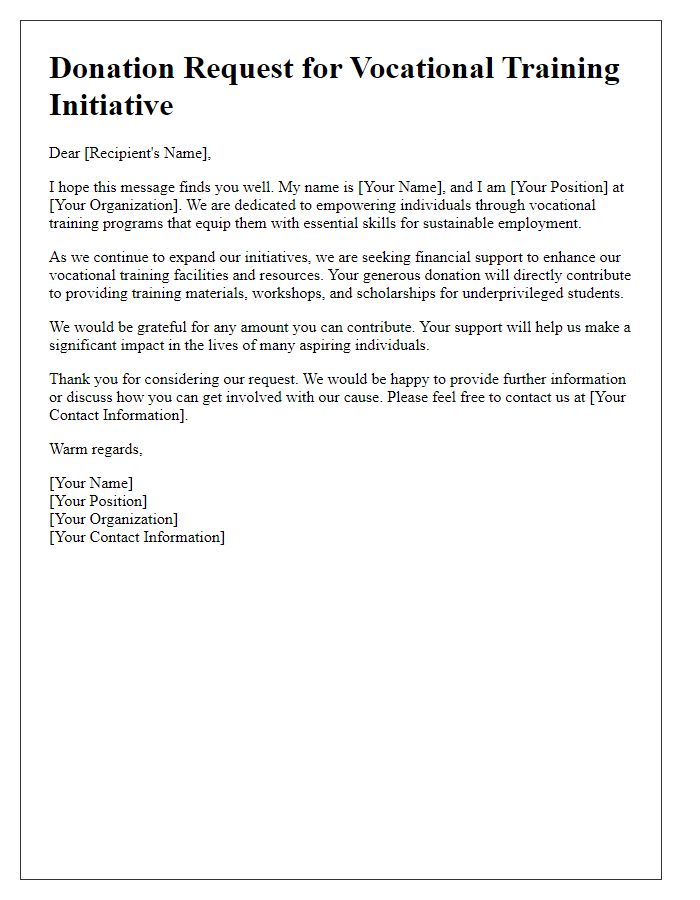 Letter template of donation request for vocational training initiative.