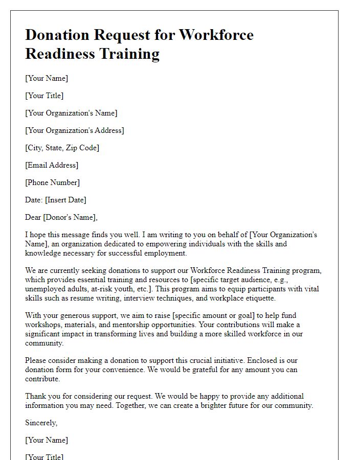 Letter template of donation request for workforce readiness training.