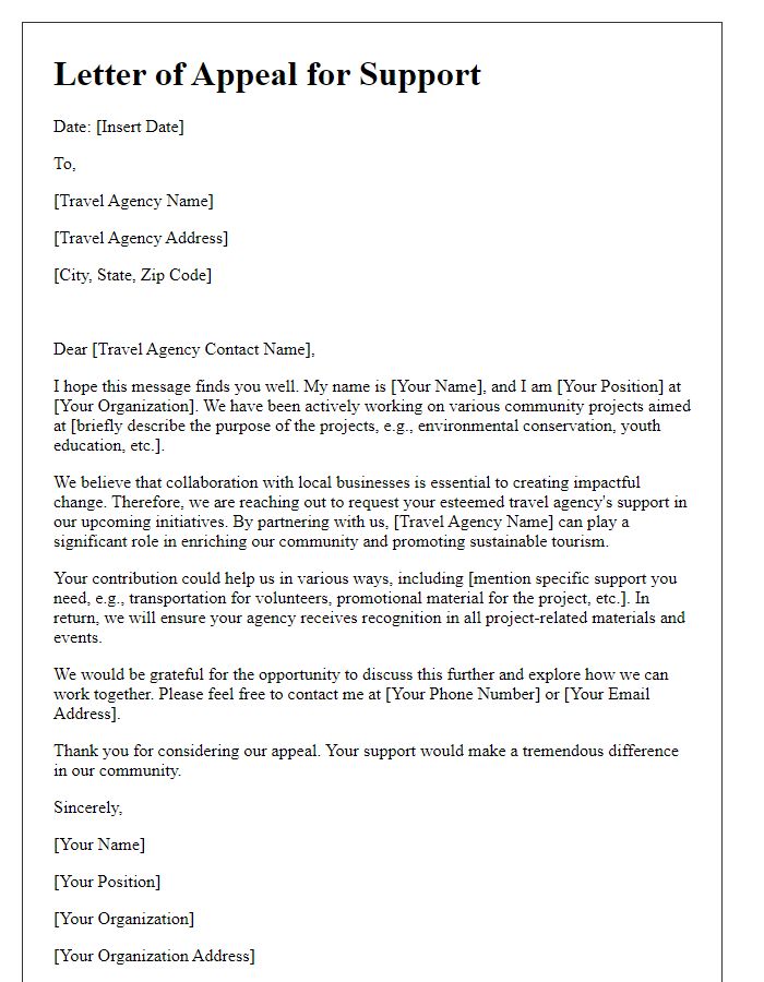 Letter template of appeal for travel agency support in community projects.