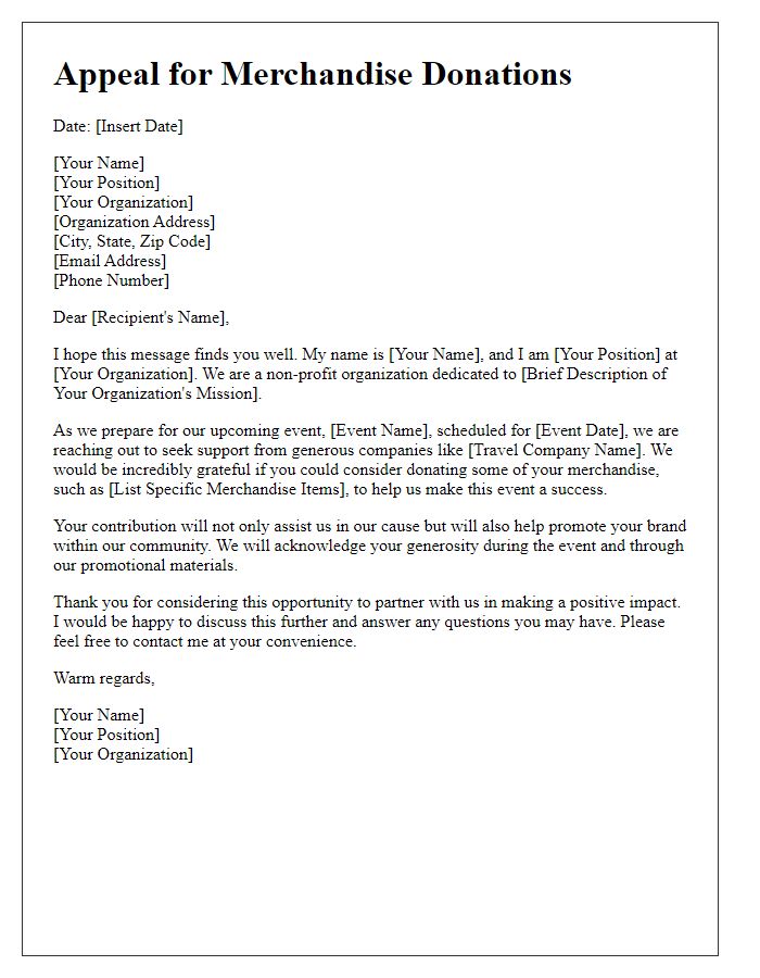 Letter template of appeal for travel company merchandise donations.