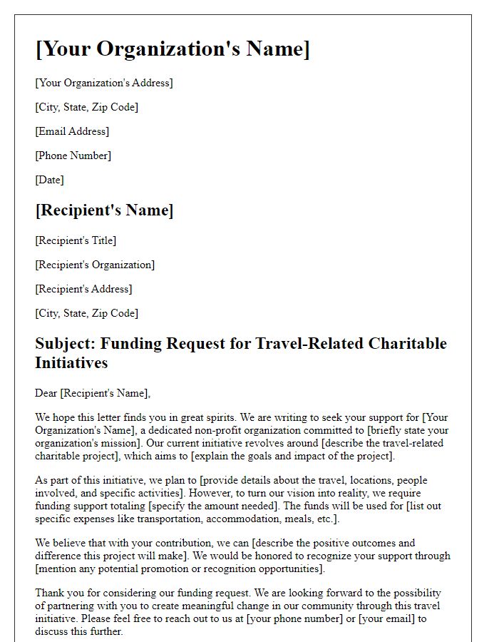 Letter template of funding request for travel-related charitable initiatives.